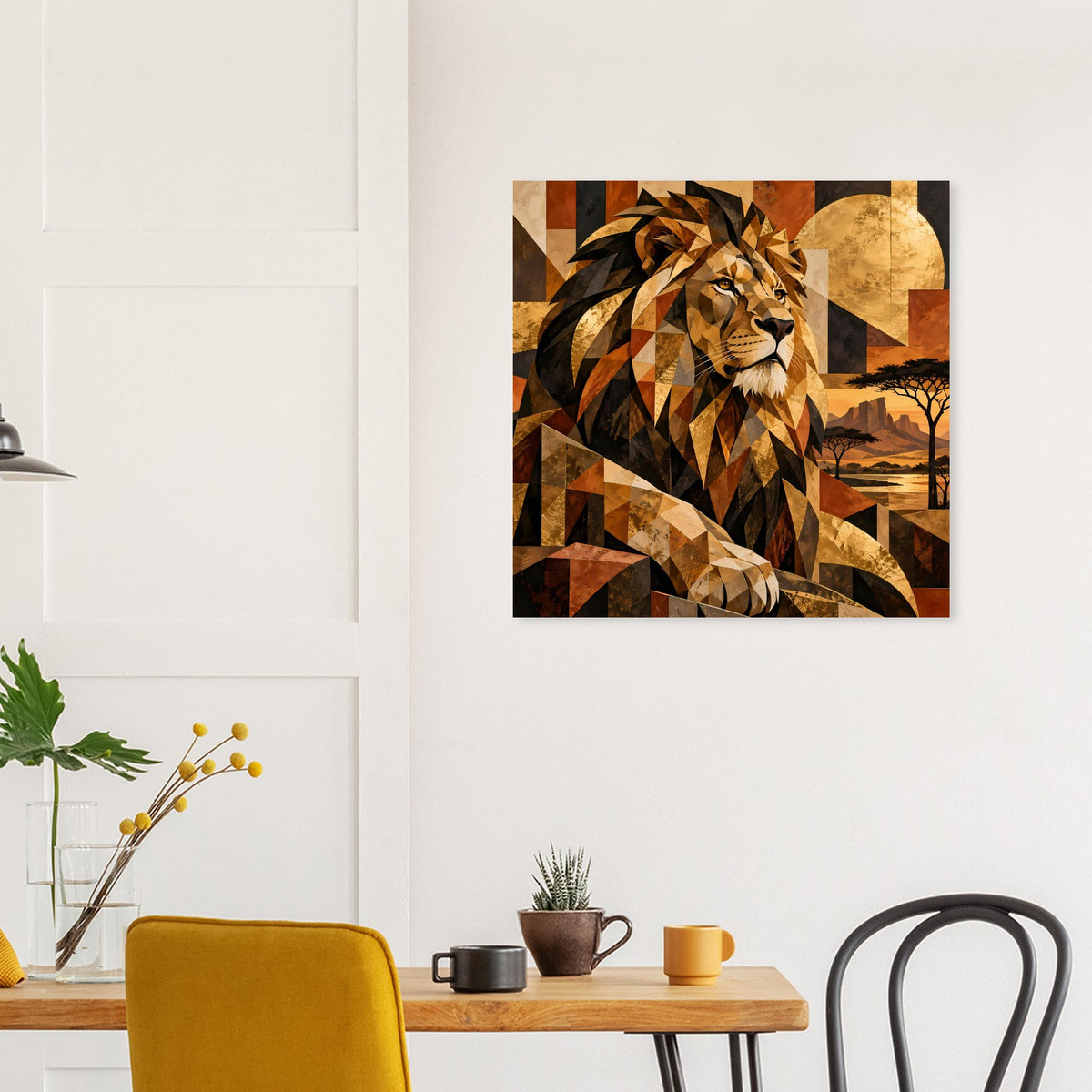 Quadratisches Poster mit geometrischem Löwenbild, warme Erdtöne und strukturierte Flächen