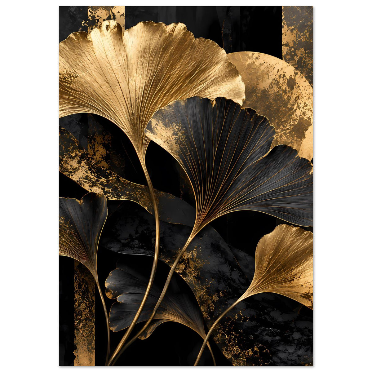 Botanisches Poster im Hochformat: goldene und schwarze Ginkgo-Blätter, goldene Akzente