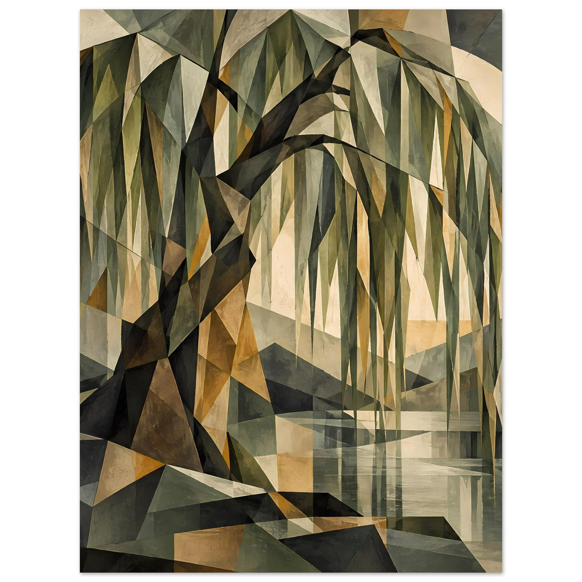Geometrisches Baum-Poster im Hochformat, dreieckige Streifen und Schattenwürfel in Erdtönen