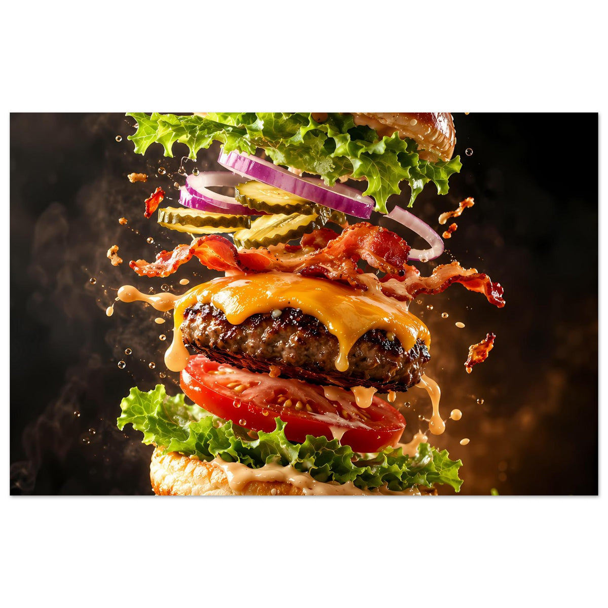 Burgermotiv-Poster mit mehrschichtigem Burger, buntem Salat und spritzender Sauce