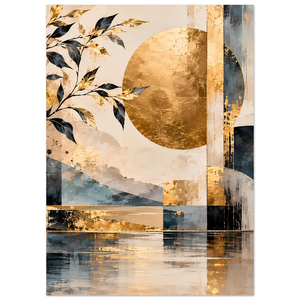 Abstraktes Kunstposter mit goldener Mittelzone, blauen Flächen, Blattzweigen und geschichteten Rechtecken