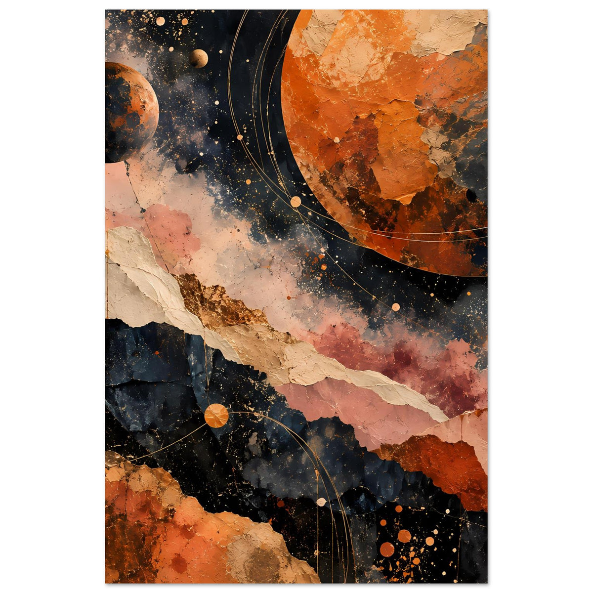 Abstraktes Kosmos-Landschaftsposter (vertikal), warmes Erdton-Design mit Planet und Ringkrümmung