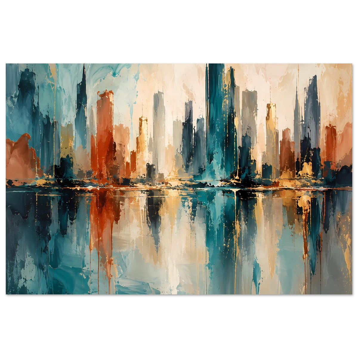 Abstraktes Skyline-Poster: hohe Gebäude und Spiegelung, Blau, Gold und Rost, gerahmt