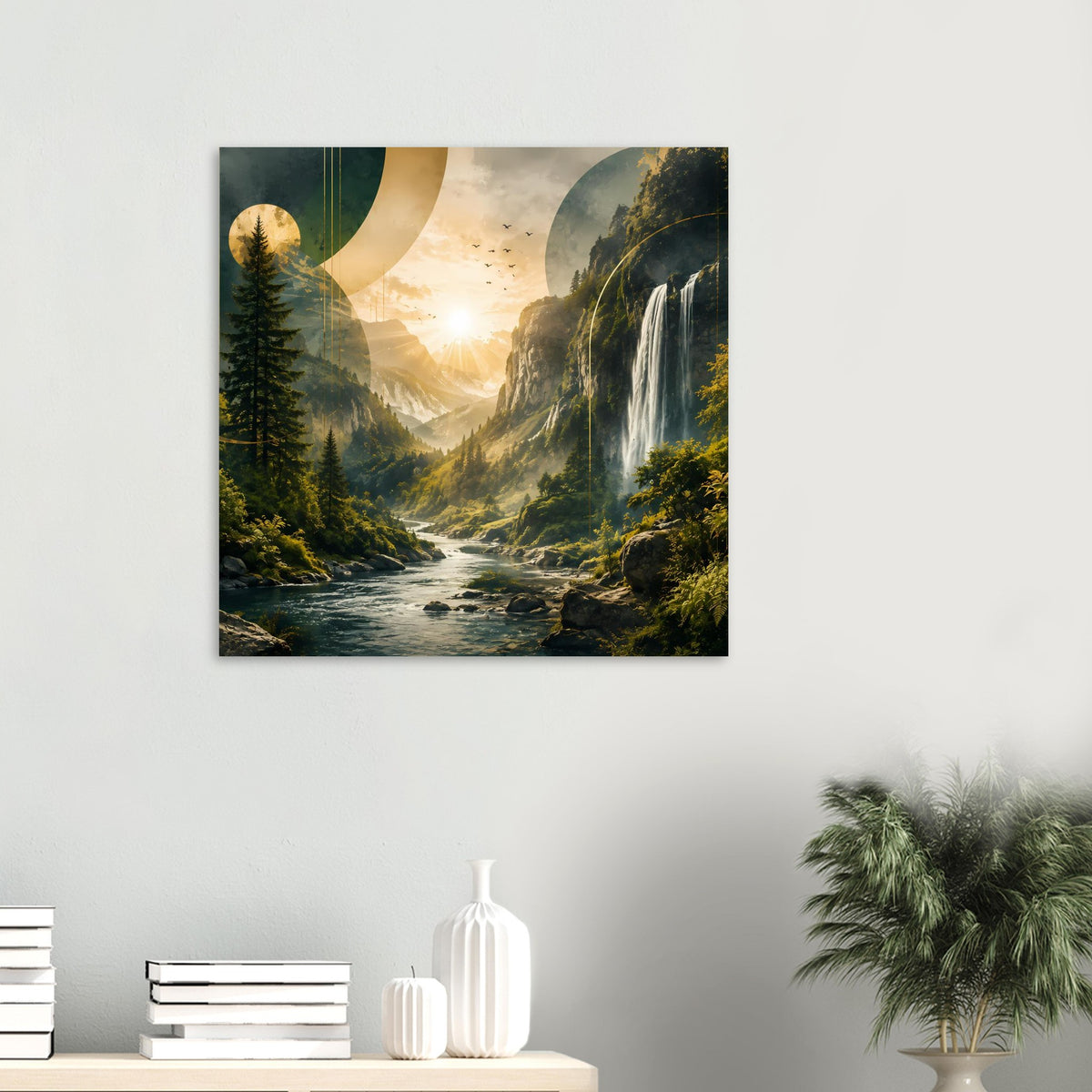 Landschafts-Poster mit Wasserfall, Tal und goldenem Sonnenaufgang im schwarzen Rahmen