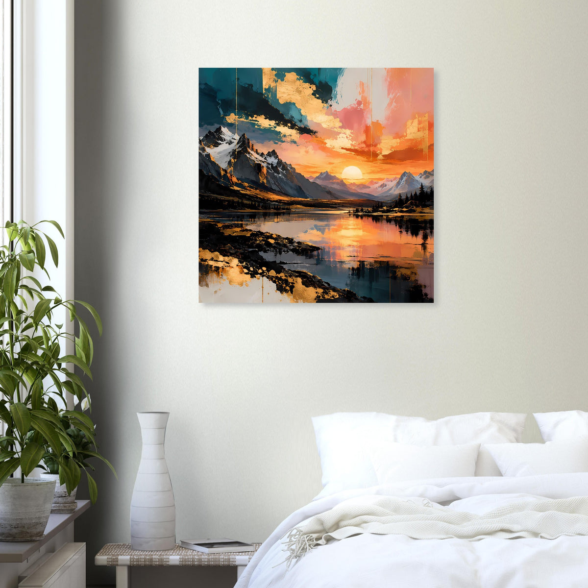 Quadratisches Landschafts-Poster: Sonnenuntergang über Bergen mit See und leuchtenden Wolken