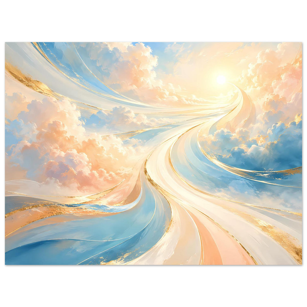 Fantasie-Poster mit Lichtstraßen durch Wolken, Pastellblau und warme Apricot-Töne, horizontal