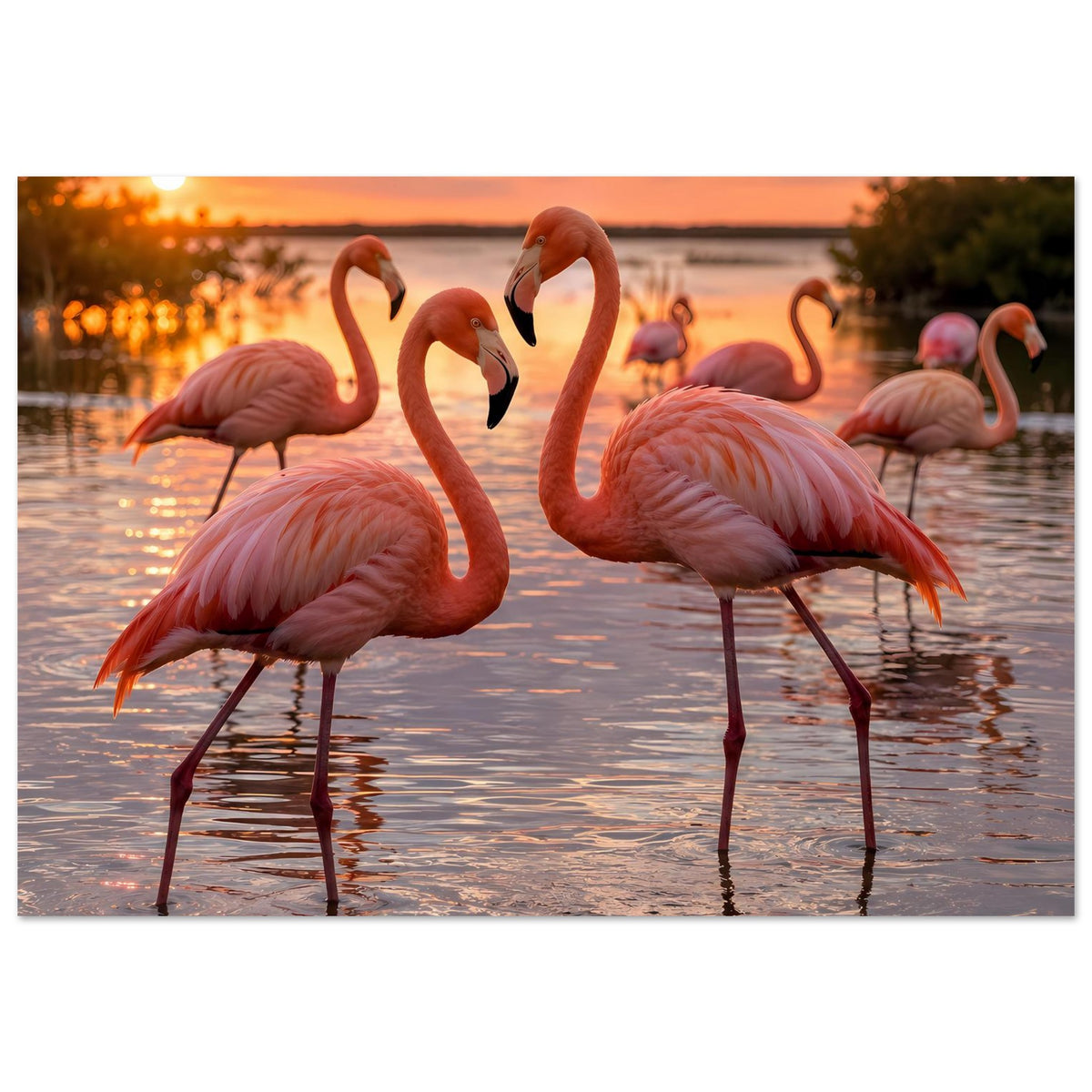 Poster mit Flamingos am See bei Sonnenuntergang, vertikal