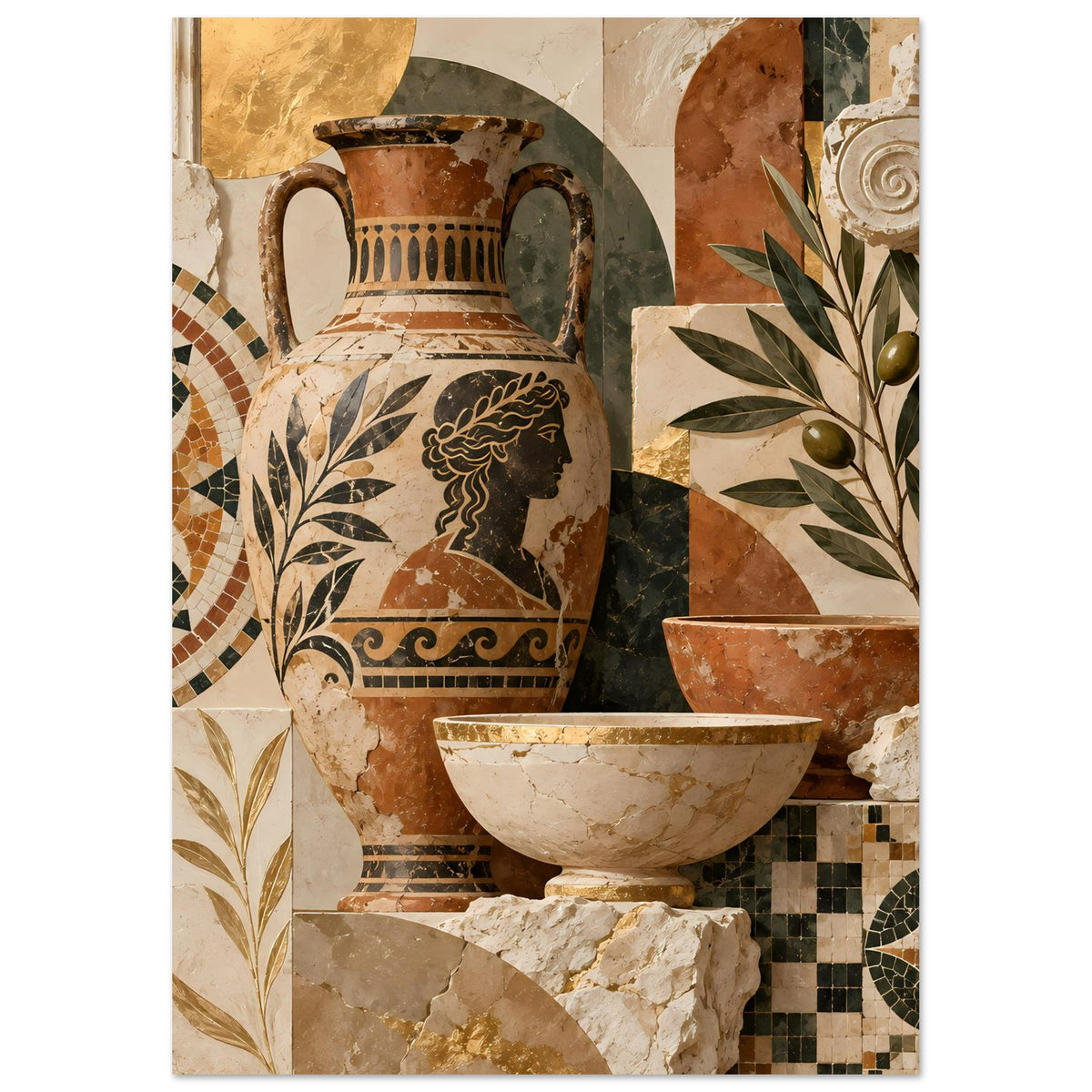 Mediterranes Mosaik-Poster im Hochformat: Amphore mit Ornamenten und rechteckige Mosaikfelder