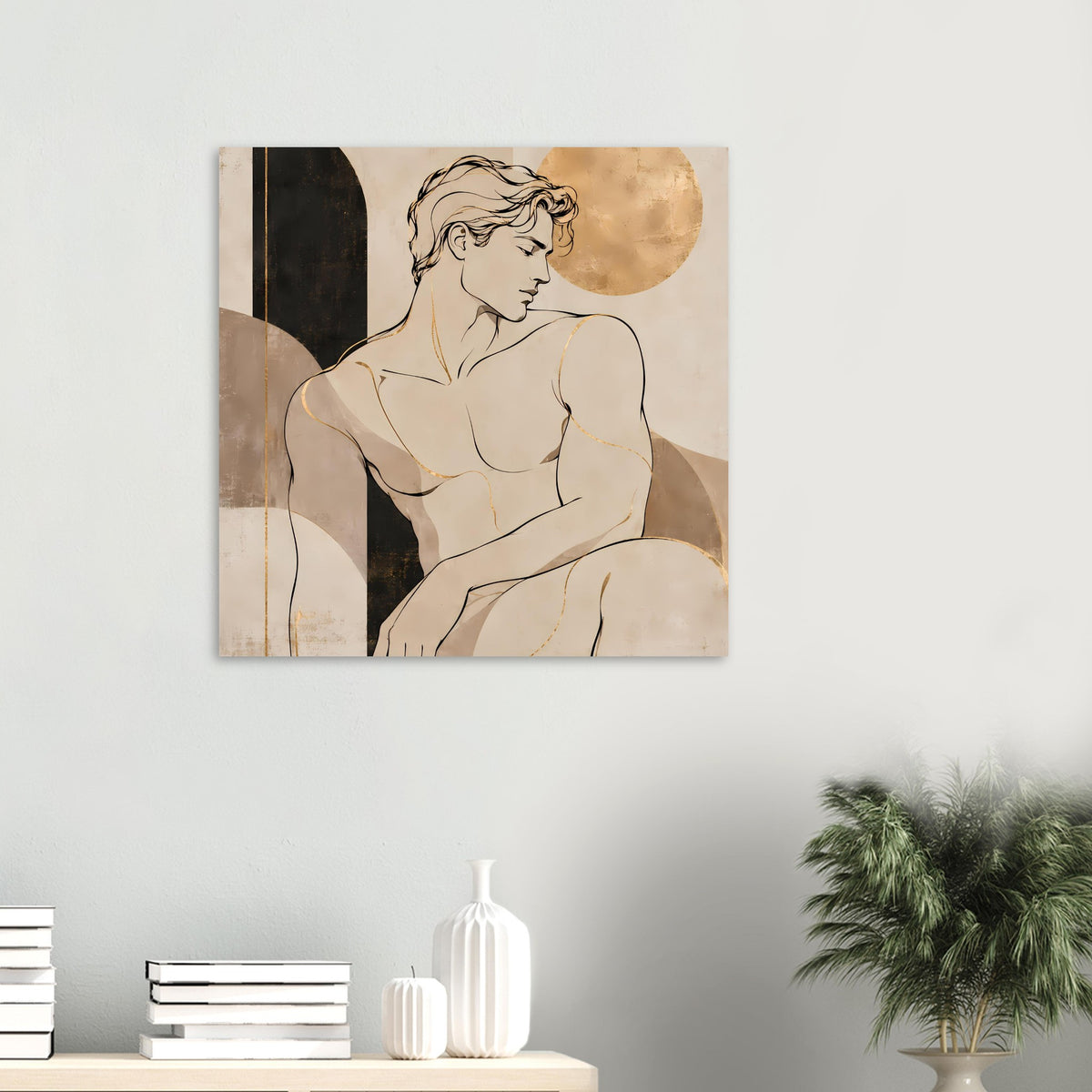 Kunstdruck mit Aktfigur, kleines Format, warmes Beige und Gold, feine Linienzeichnung