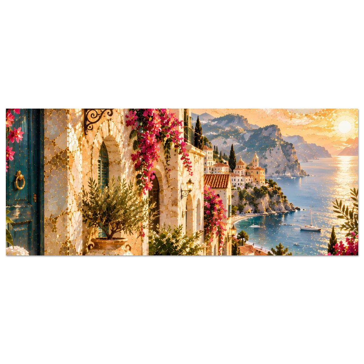 Mediterranes Poster (Querformat): Alleenflucht mit Laternen, Blüten und Meerblick.