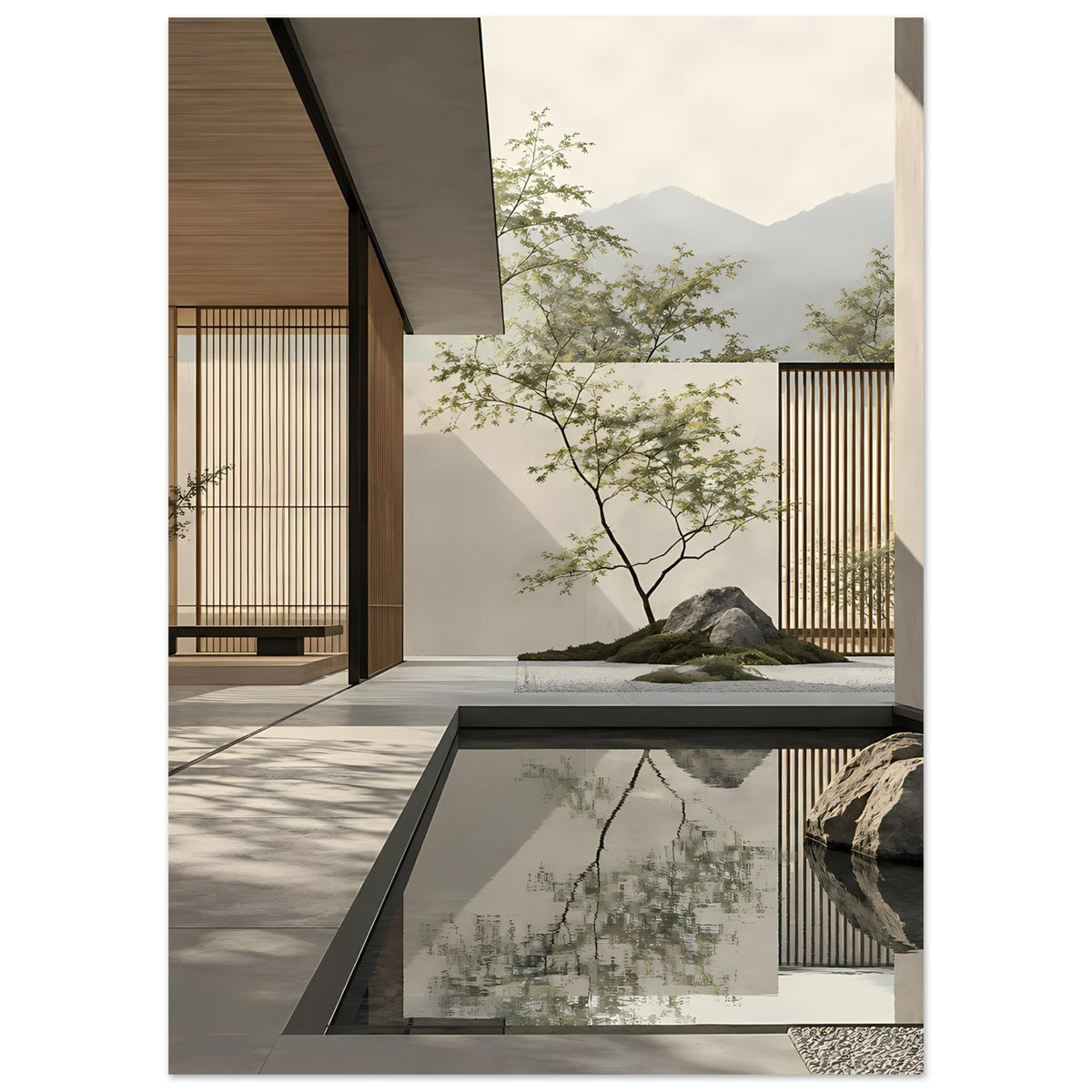 Minimalistische Zen-Wandkunst mit natürlichen und architektonischen Formen