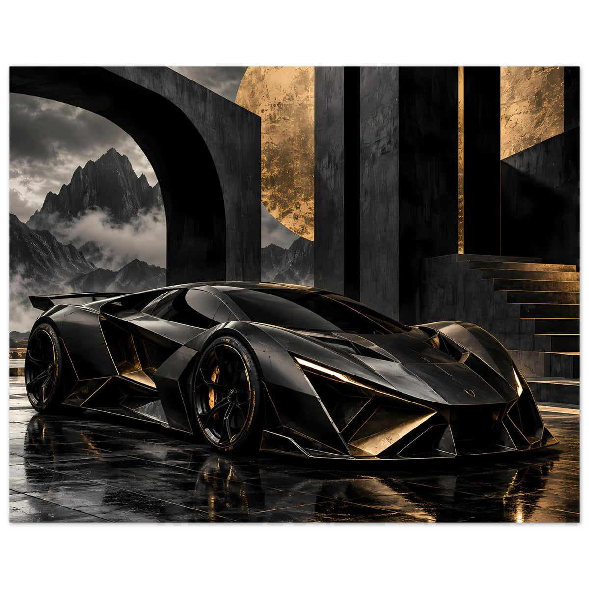 Futuristisches Supersportwagen-Poster: schwarzer Supersportwagen mit goldenen Streifen, 3/4