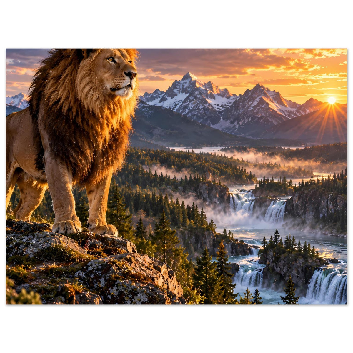 Poster mit Löwe links, Berge und Wasserfall; Sonne scheint seitlich mit Strahlen