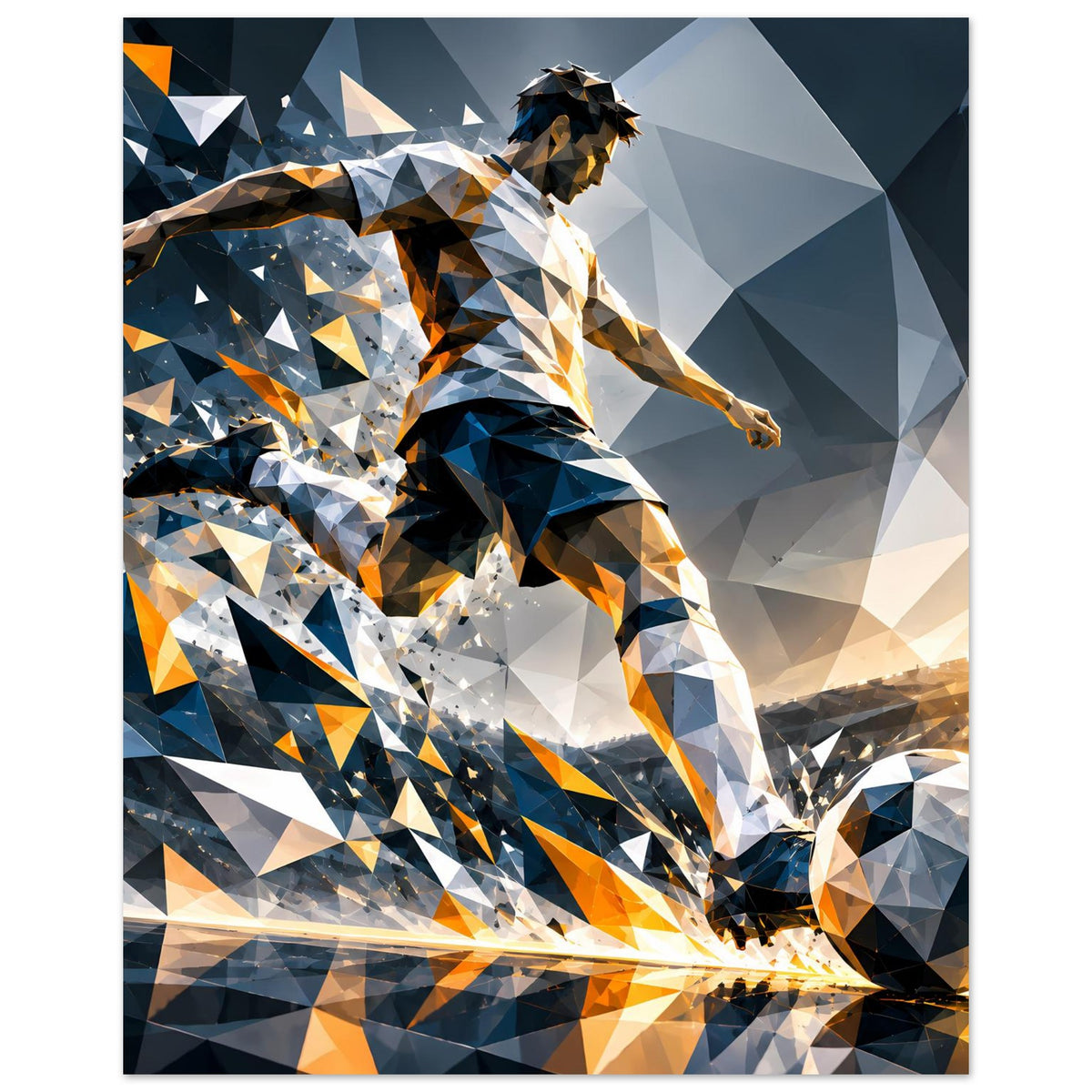 Fußballposter mit abstraktem Spieler in Blau und Orange, Low-Poly-Look mit Ball unten