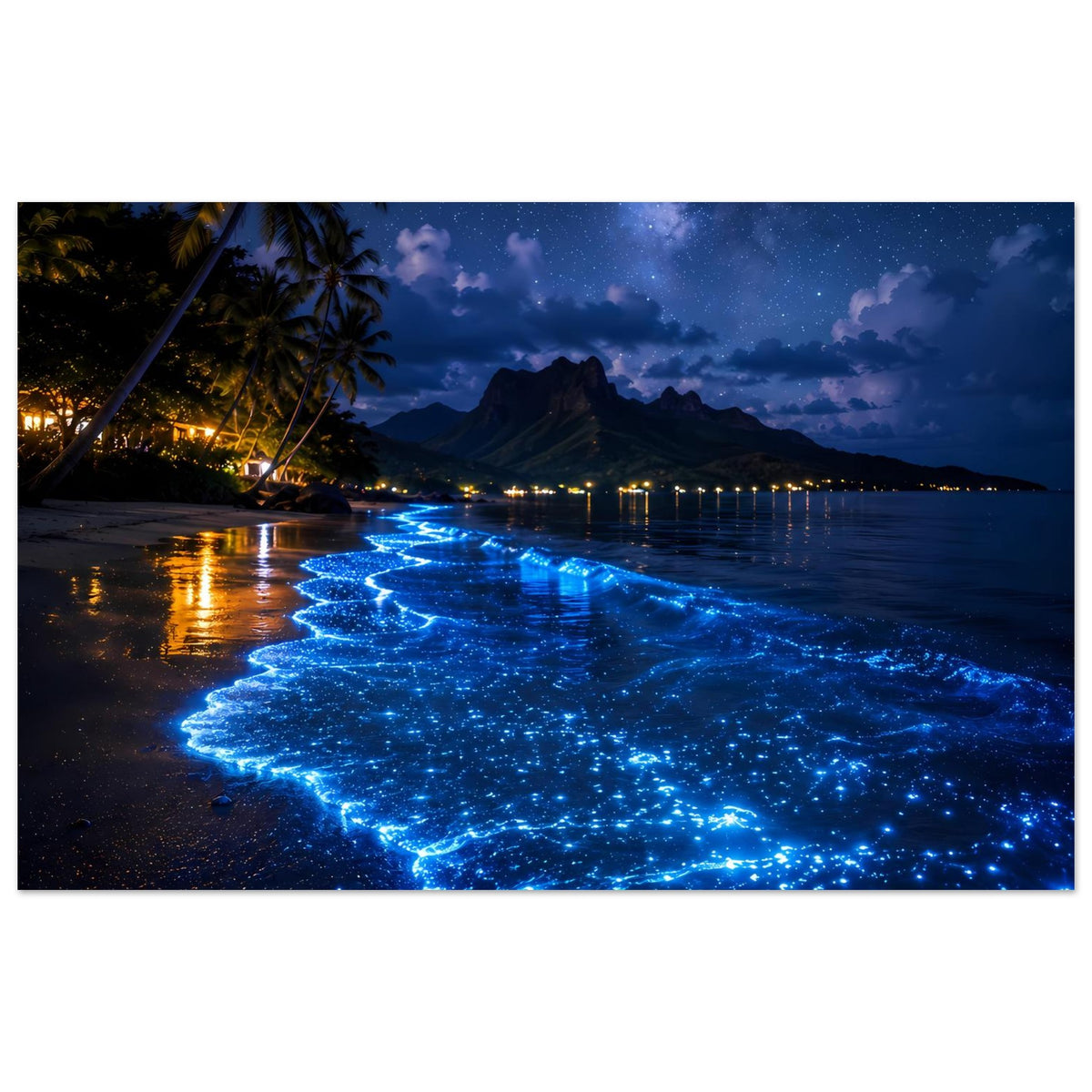 Nachtmeer-Poster querformat: leuchtend blaue Wellen zwischen Palmen und dunklem Strand