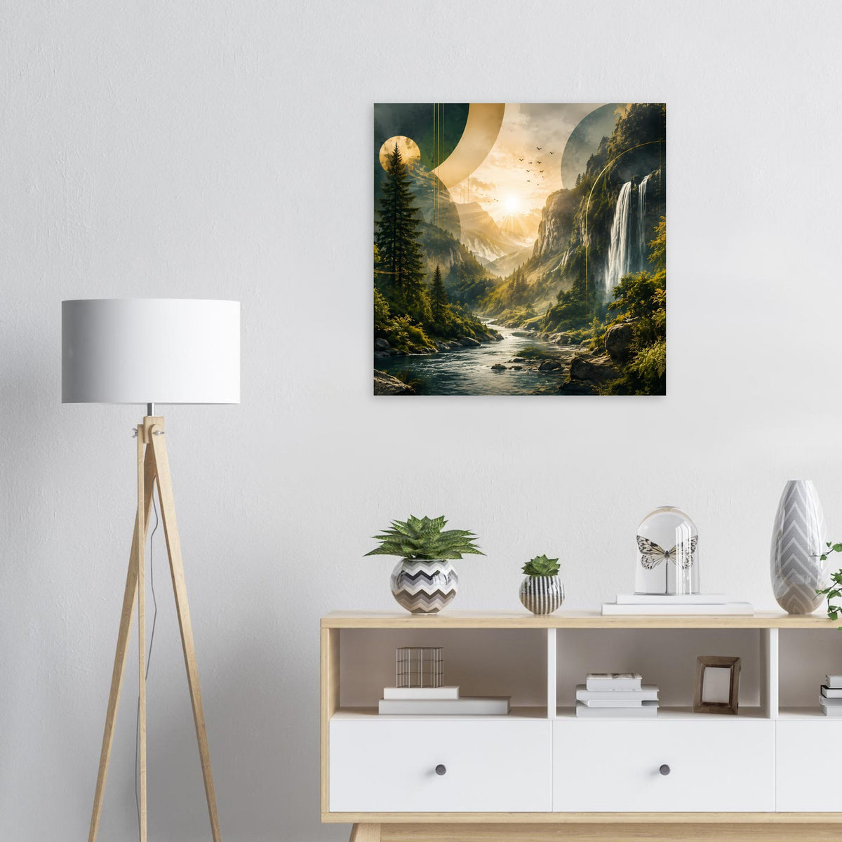 Landschafts-Poster mit Wasserfall im Tal, warmes Sonnenlicht, schwarzer Rahmen
