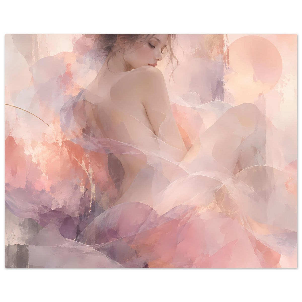 Querformatiges Wandposter: Frauenporträt im Aquarell-Look mit Pastellrosa- und Lilatönen