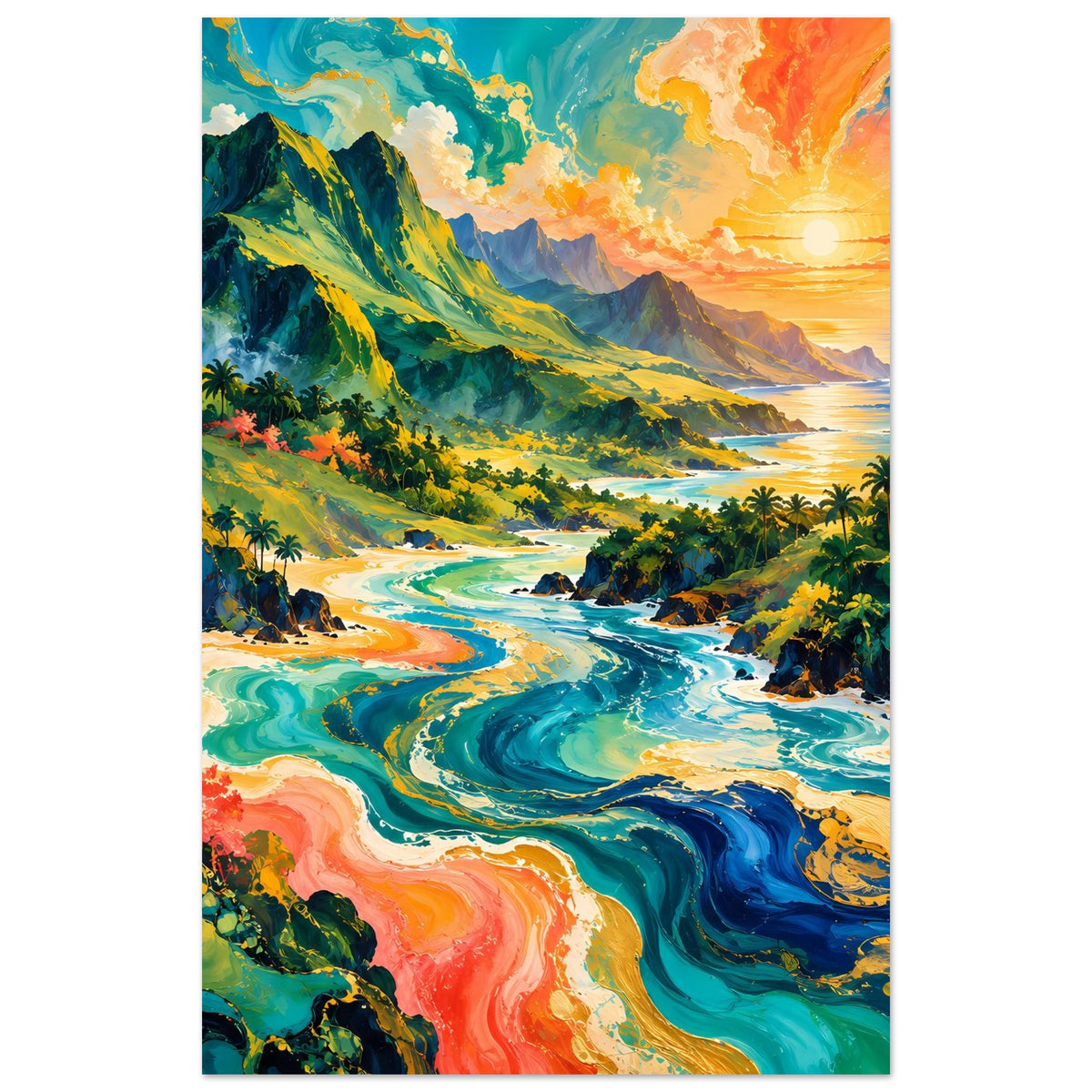 Vertikales Poster: tropische Küste mit türkisblauem Meer und leuchtender Sonne