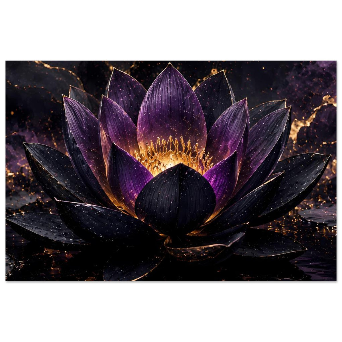 Poster mit Lotusblüte in Violett und Gold, Querformat