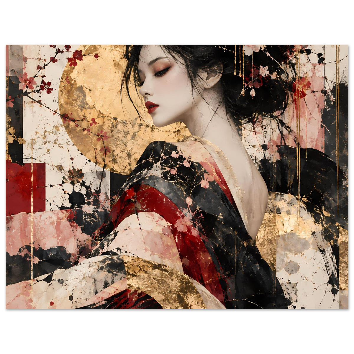 Gerahmter Kunstdruck im Hochformat mit Frauengesicht, abstrakte Komposition in Rot, Gold und Schwarz.