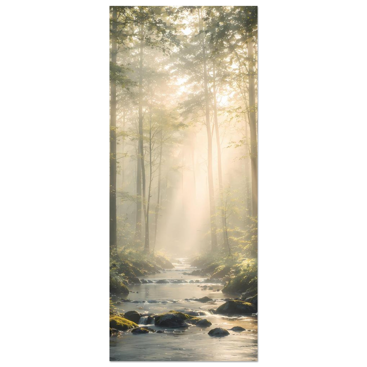 Naturposter im Hochformat mit Sonnenstrahlen, Waldbach und Steinen am Ufer