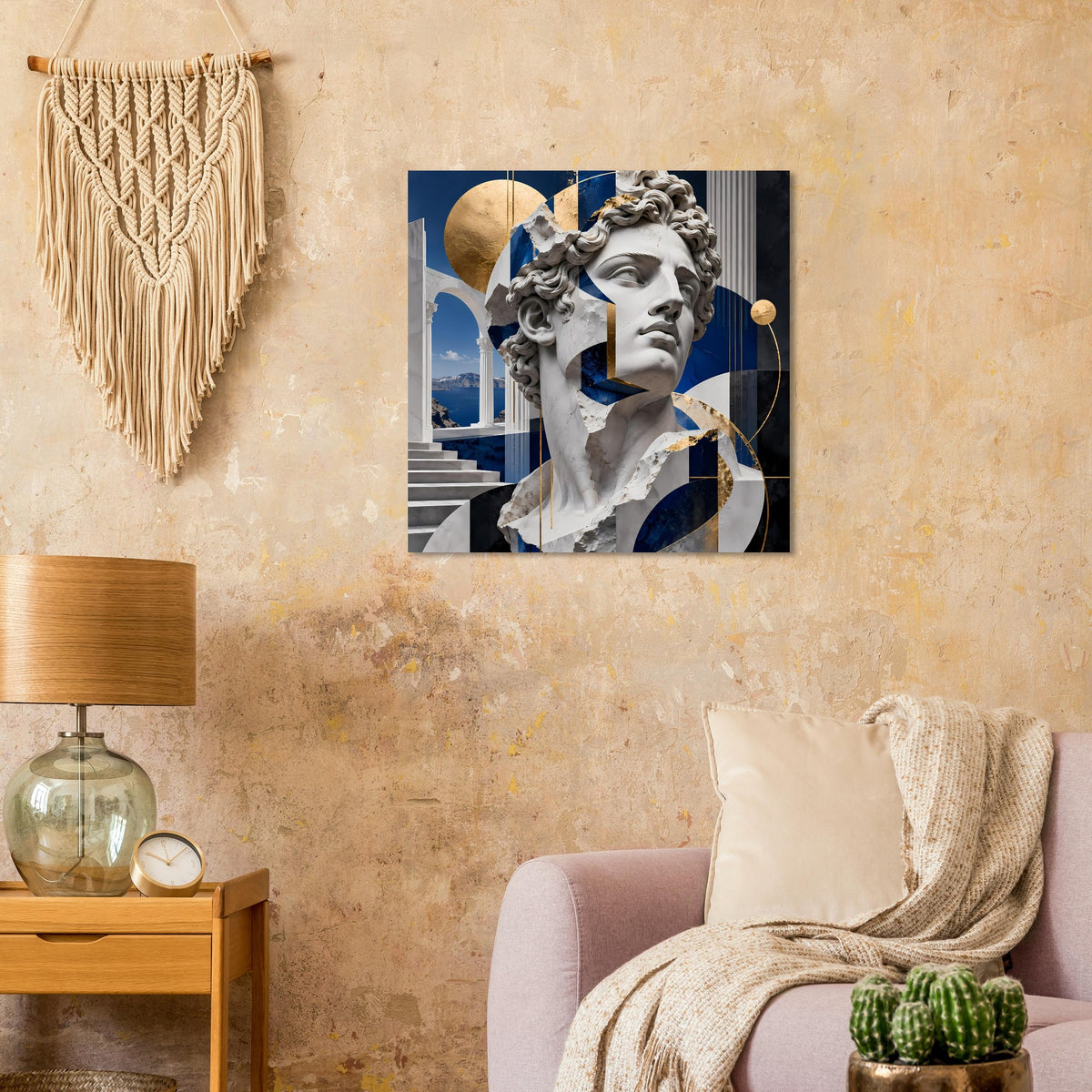 Poster mit Marmorstatue, blauem Hintergrund und goldenen Kreisen und Linien