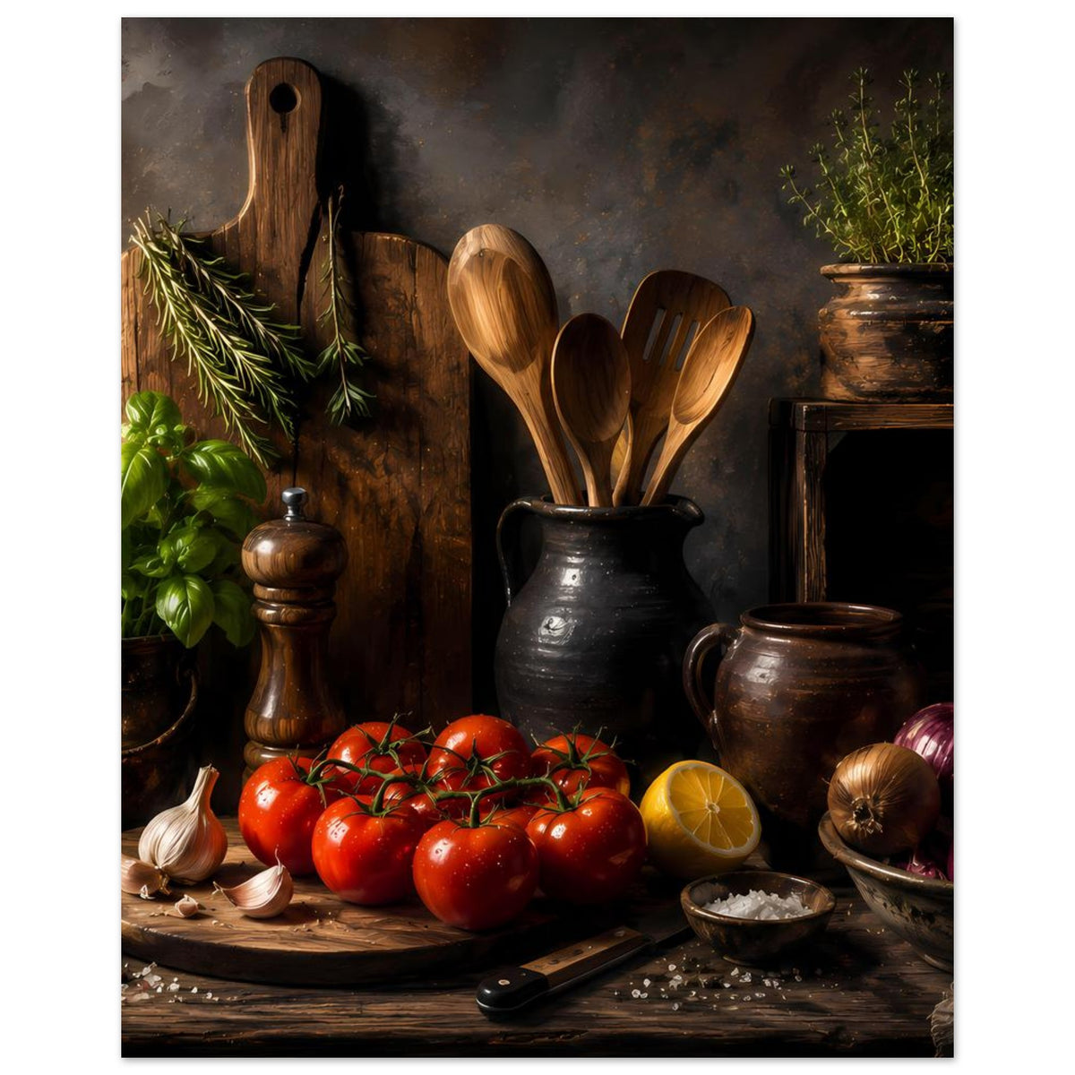 Poster mit Küchenstillleben: Tomaten, Kräuterzweig, Holzutensilien, Zitrone und Gewürze