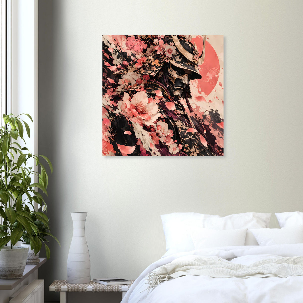 Quadratisches Poster an heller Wand: Samurai mit Kirschblüten in Rosa und Schwarz
