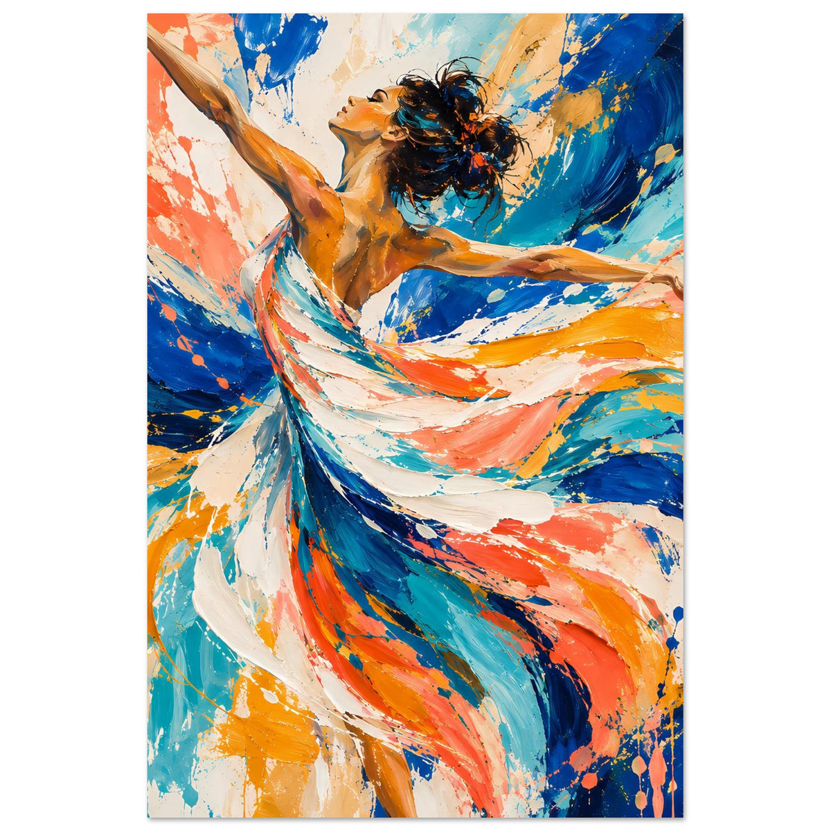 Kunstdruck-Poster Hochformat: abstrakte Tänzerin, orangefarbene und blaue Pinselwirbel.