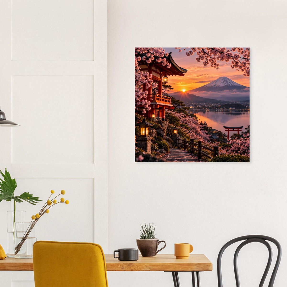 Poster mit Kirschblütenallee, Tempeltor und Sonnenuntergang über Berglandschaft