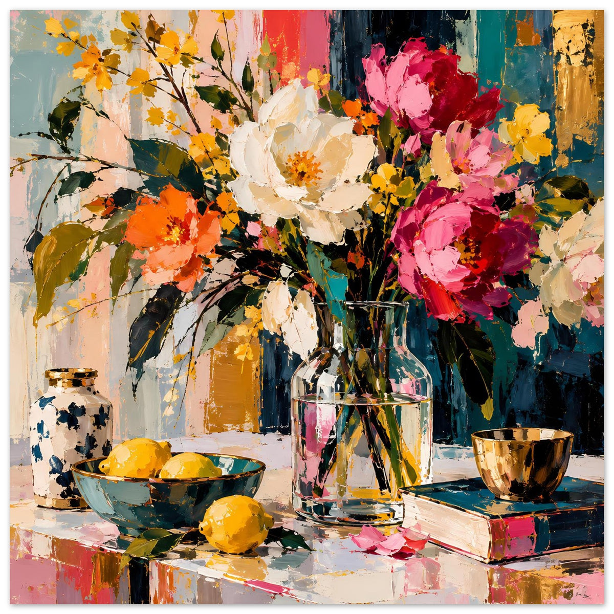 Blumenstillleben-Poster mit großen Blüten, Glasvase und bunten Obst-/Schalenformen.