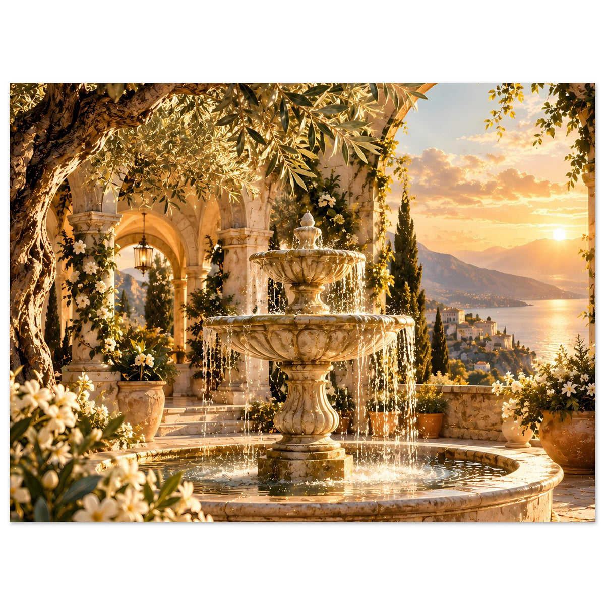 Kunstposter mit Brunnenbecken, goldenen Blättern und Blumenarrangements rechts bei Sonnenuntergang