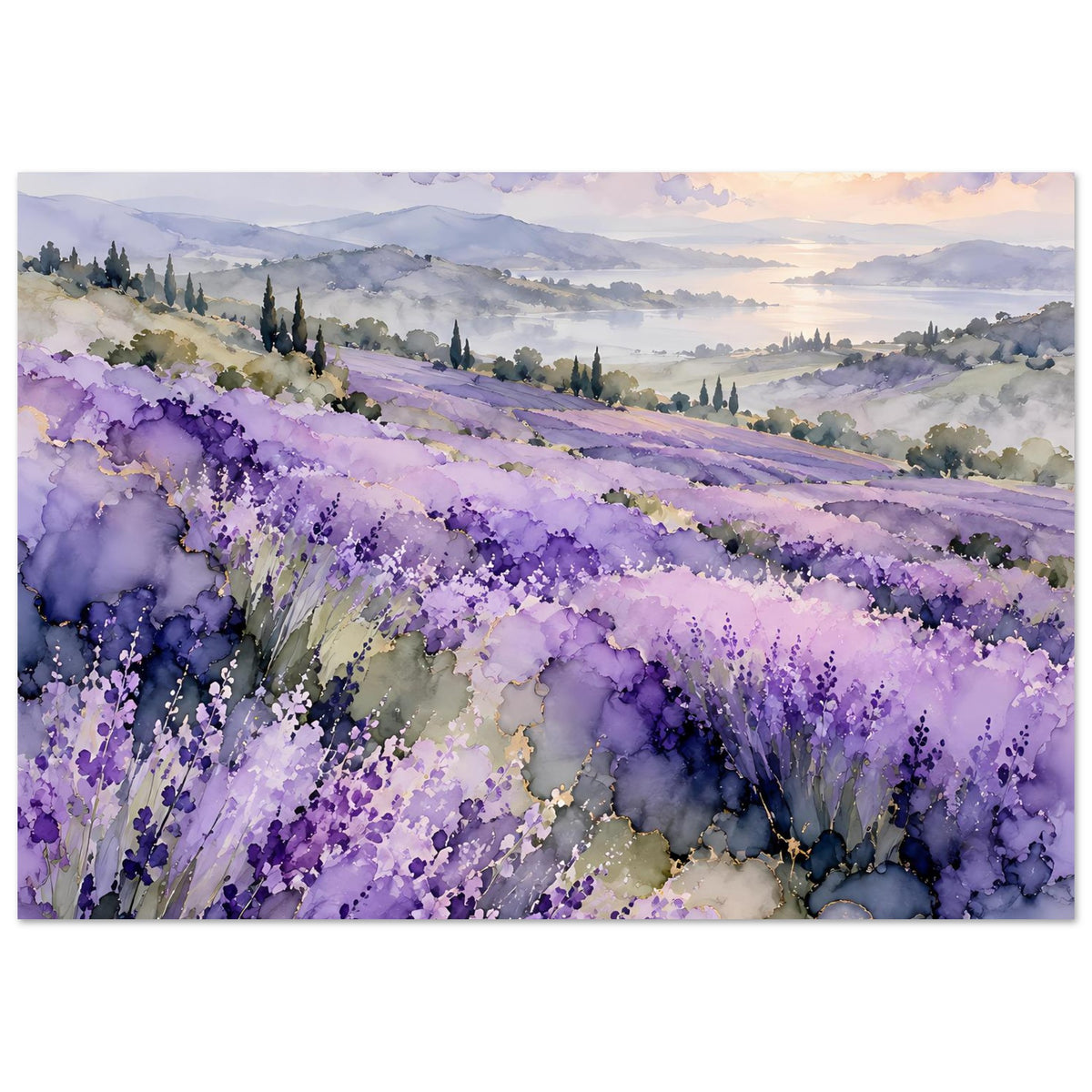 Aquarell-Landschaftsposter im Querformat: violettes Lavendelfeld, sanfte Hügel und Abendsonne