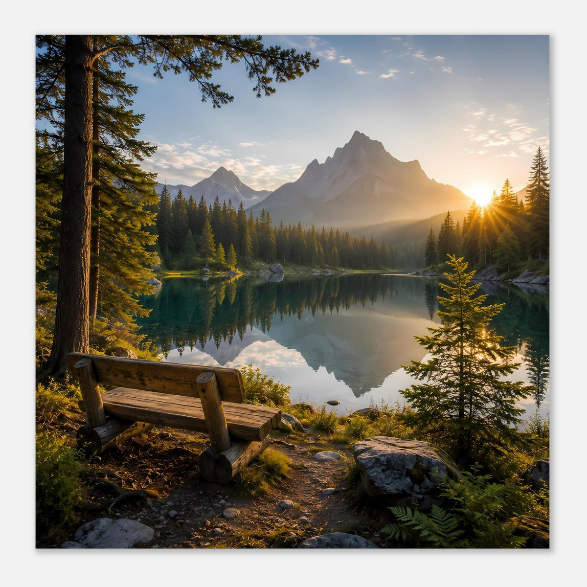 Landschaftsposter im Querformat mit Bergsee, Sonnenuntergang, Fichten und Holzbank
