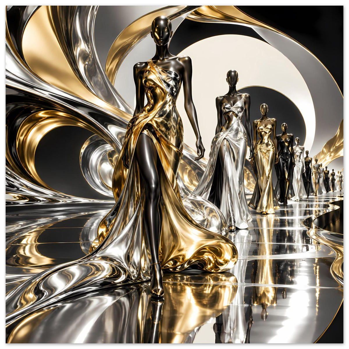 Gold- und Silberfarbenes Poster mit Metallwellen, mehreren Figuren und starkem Spiegelbild