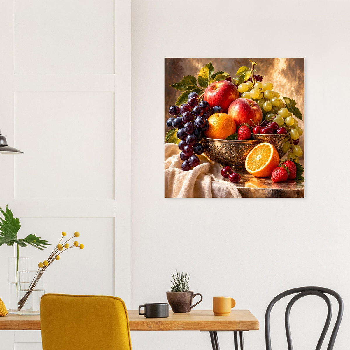 Gerahmtes Stillleben-Poster mit Obstschale und Stoff: Trauben, Äpfel, Orangenstück.