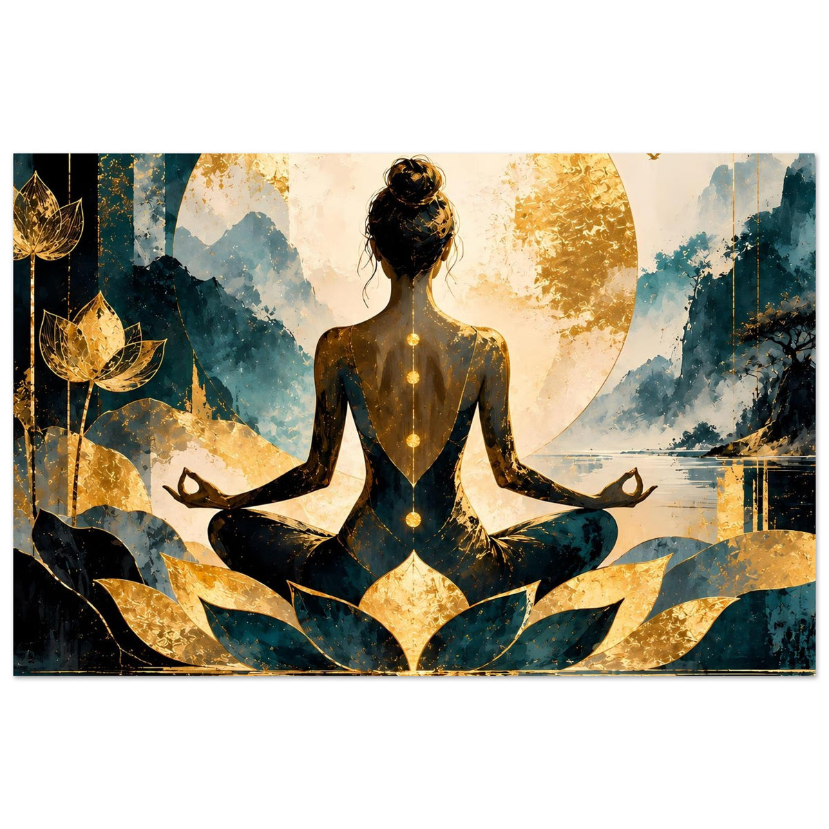 Wandposter mit Lotusfrau im Meditationssitz, goldene Flecken-Optik und blaugrüne Berge