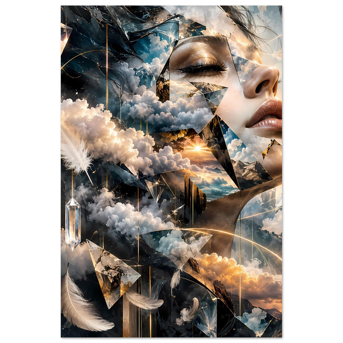Surrealistisches Poster mit Frauenprofil, Wolkenlandschaft, Federn und goldenen Linien