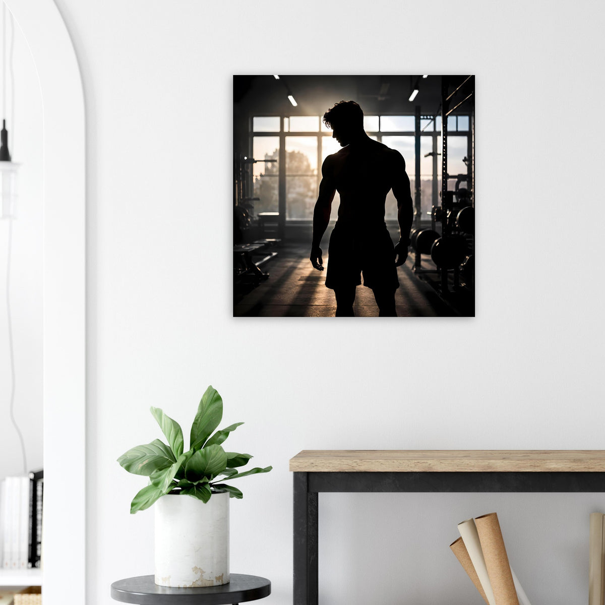 Motivationsposter mit Athleten-Silhouette beim Gehen oder Laufen, Blick von hinten