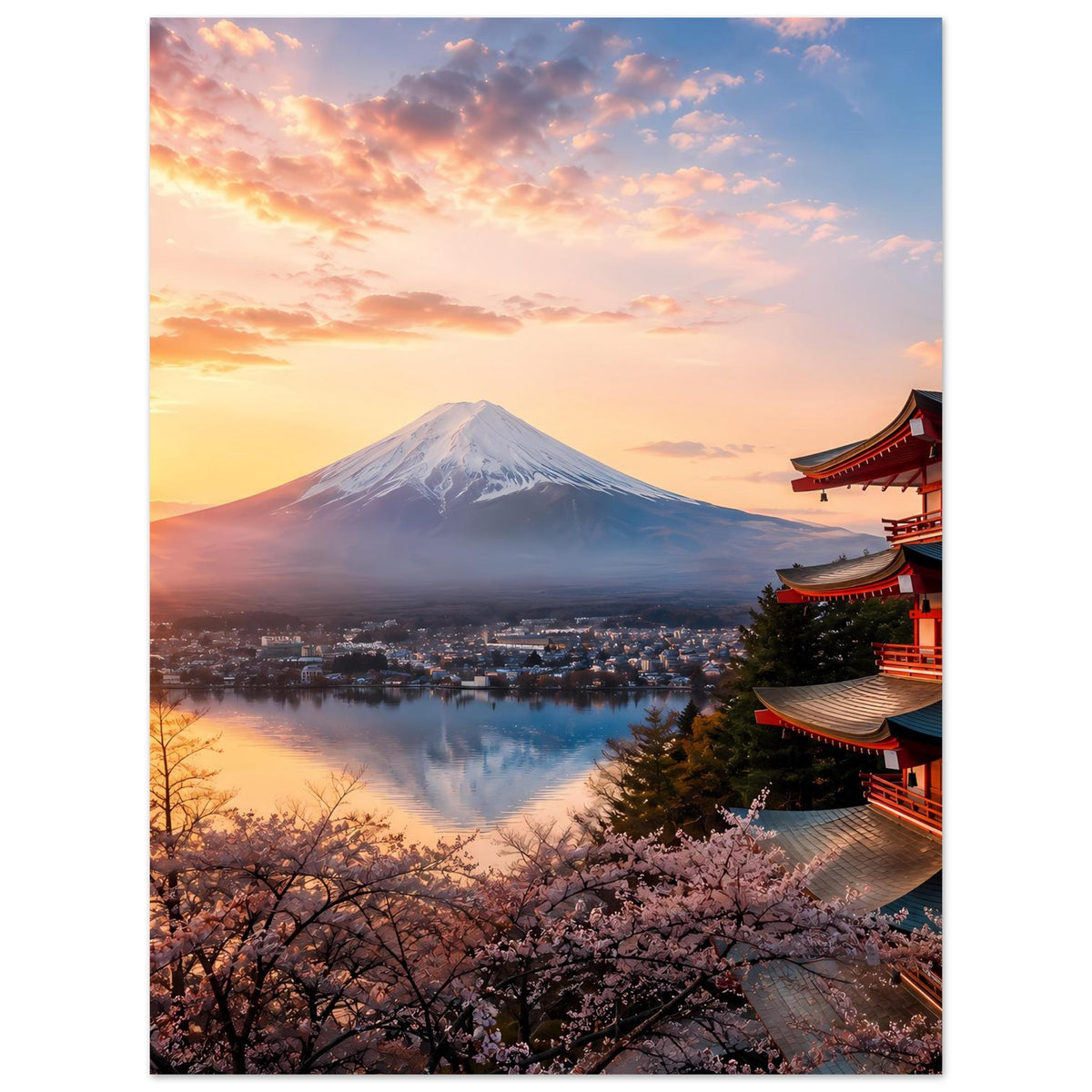 Japanisches Landschaftsposter mit Fuji, Kirschblüten und Tempel rechts vor See