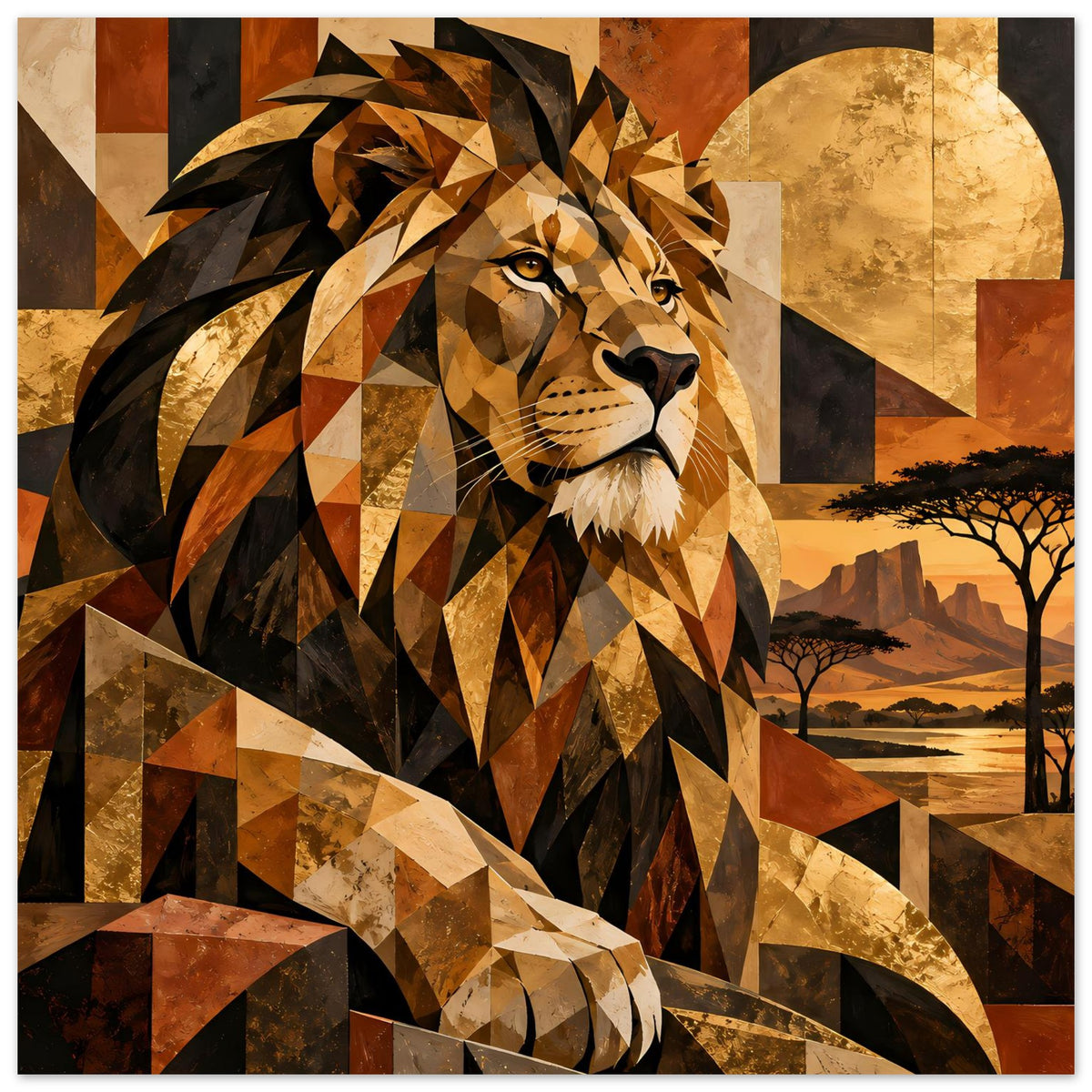 Geometrisches Löwenportrait-Poster mit warmen Erdtönen, großes goldfarbenes Flächenelement