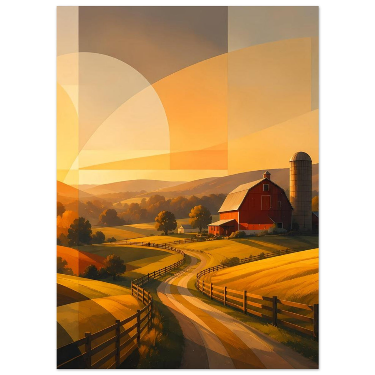 Abstraktes Poster im Quadratformat: rote Scheune, goldene Felder, Zaunlinien und Landschaft