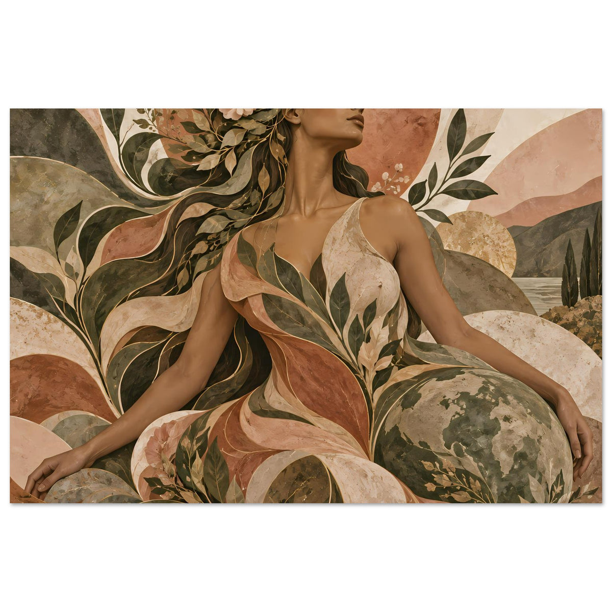 Kunst-Poster im Querformat mit Frauenprofil, Blumenranken und abstrakten Formen in Braun
