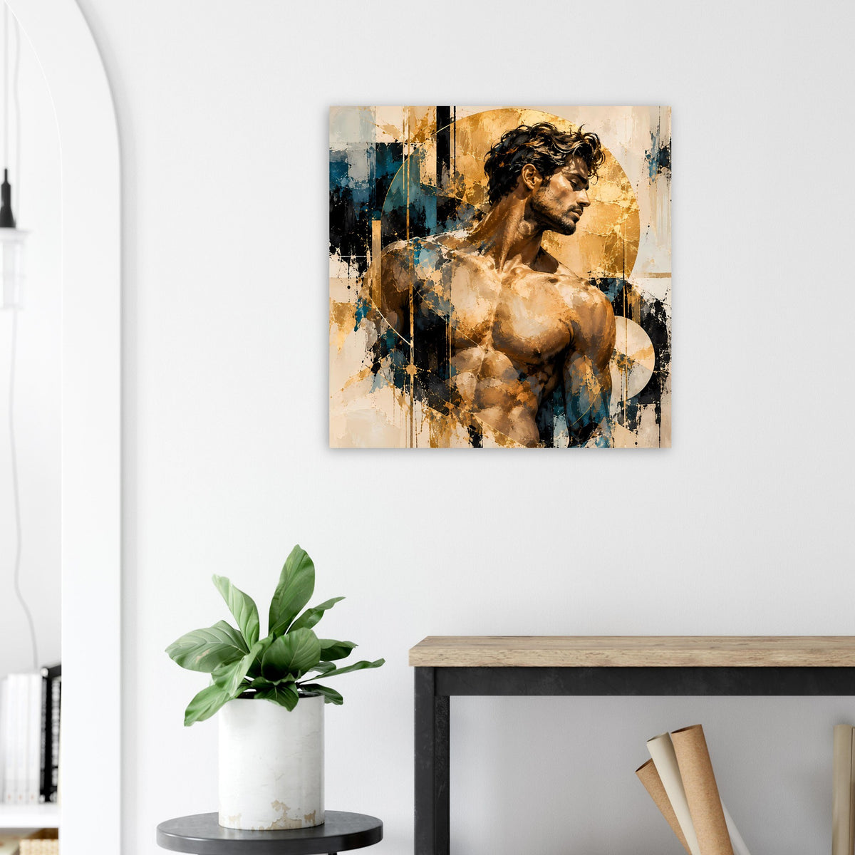 Kunstposter mit Aktmotiv: seitlicher Oberkörper in Gold- und Blautönen, quadratisch