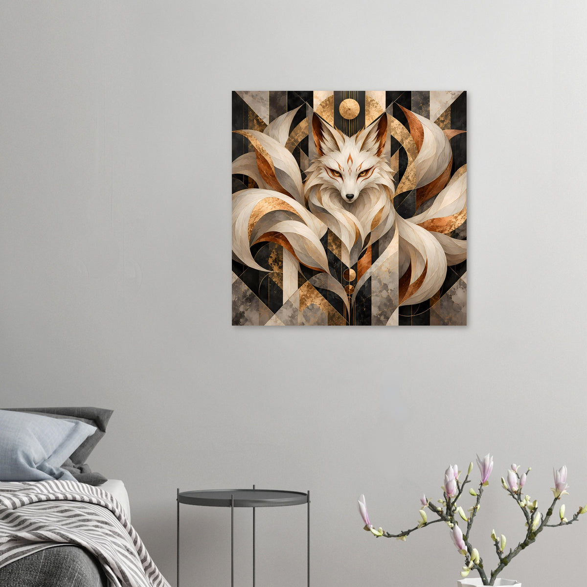 Kleines Wandposter im geometrischen Stil: Fuchs in Beige, Braun und Gold