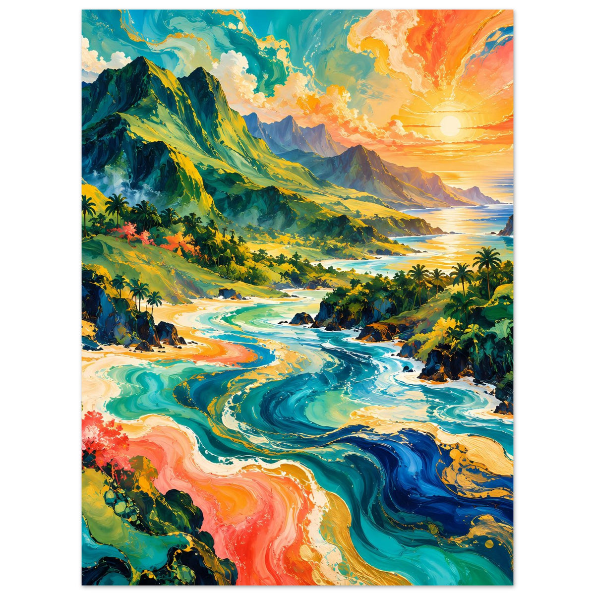 Tropisches Poster mit Sonnenuntergang, Küste, Palmen und farbigem Flusslauf