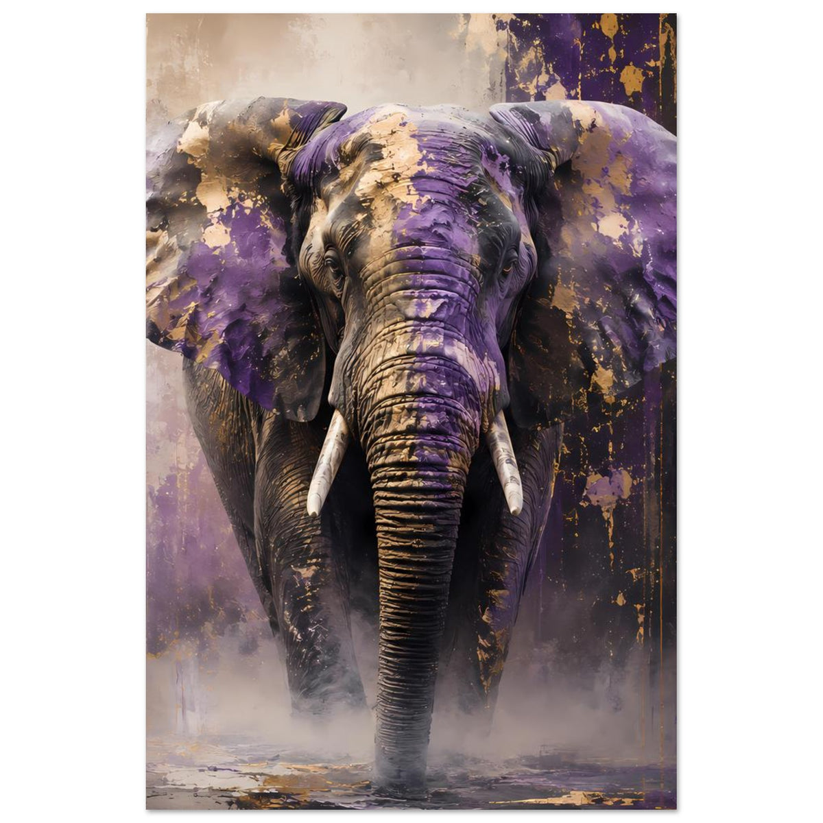 Abstraktes Tierposter mit Elefant und Rüssel in Lila, ergänzt durch goldene Farbtupfer