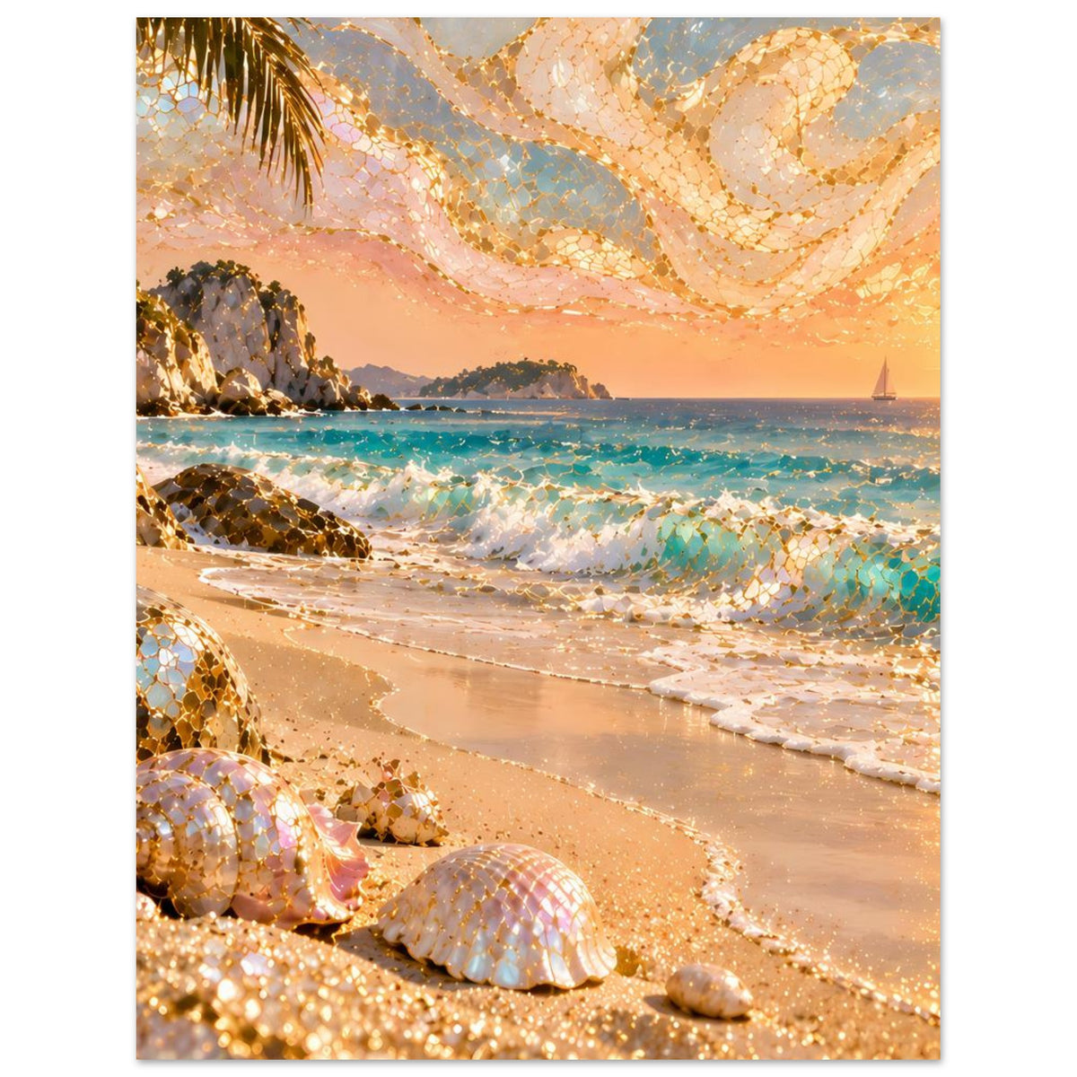 Vertikales Strandposter: Muscheln im Vordergrund, goldene Mosaikakzente, Meer bei Dämmerung
