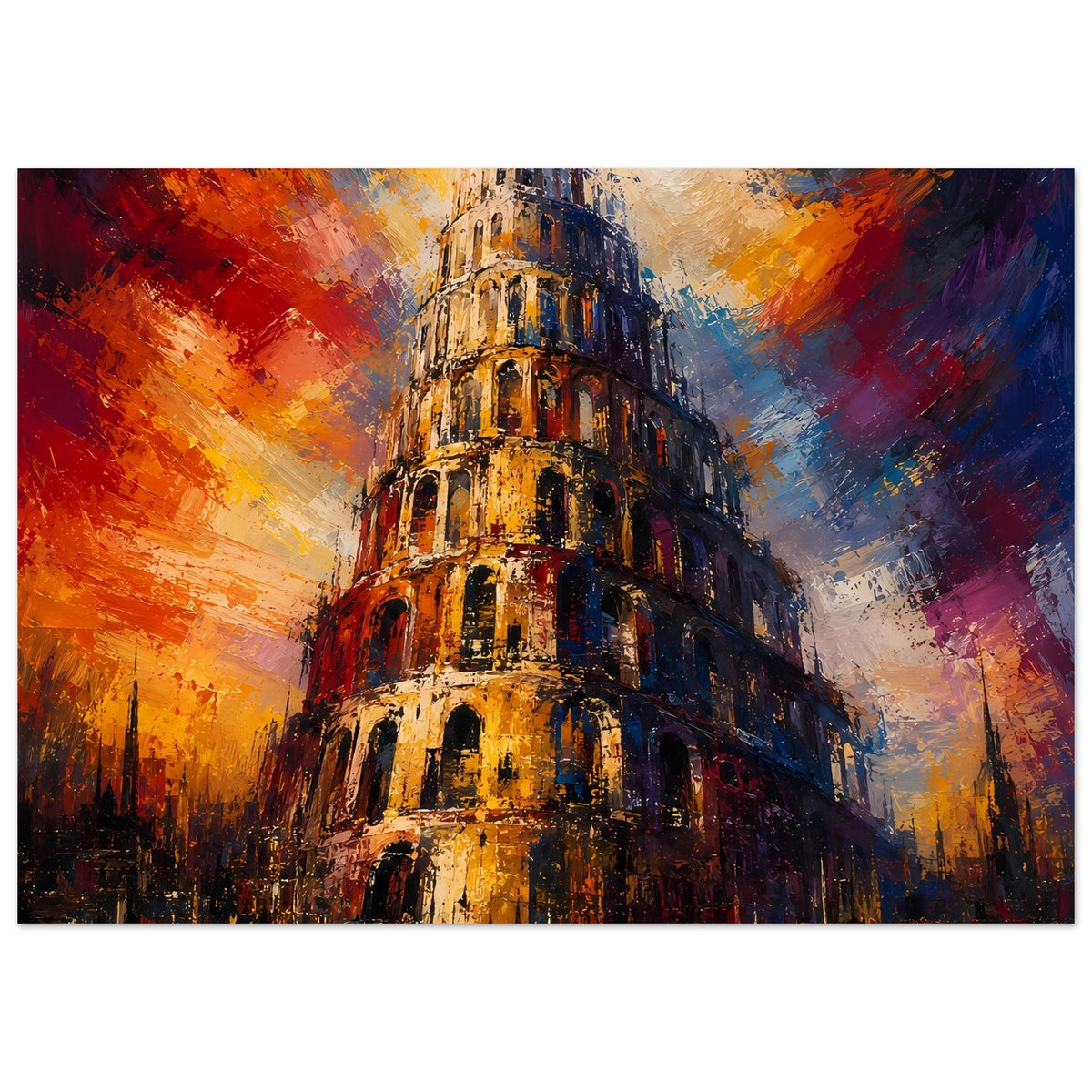 Druckposter Turm von Babel mit warmen Gelb- und Brauntönen, schwarzer Rand, Querformat.