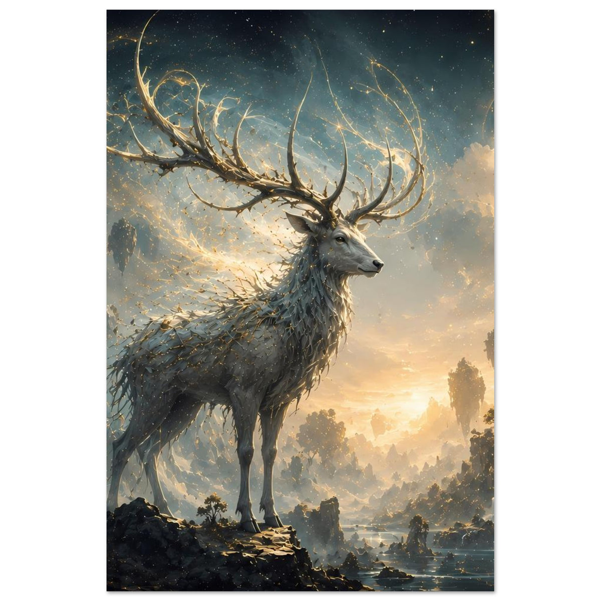 Vertikales Poster: grauer Hirsch mit weit ausladendem Geweih im Fantasy-Dämmerlicht